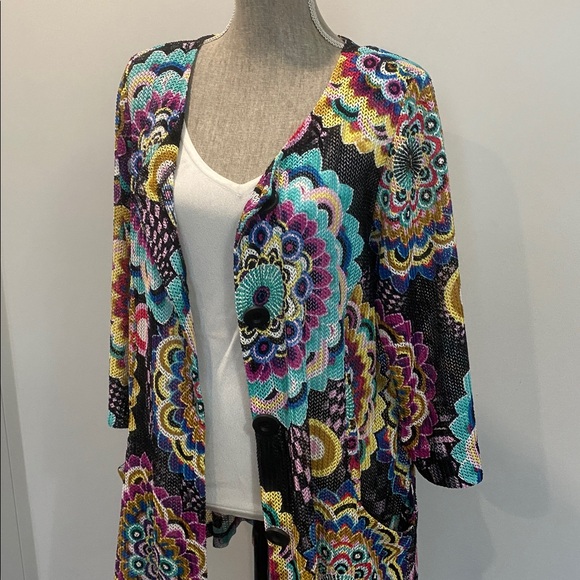 Joseph Ribkoff Multi-Colour Mandala Print Mesh Cardigan Size Large Artsy Boho - Picture 12 of 15
